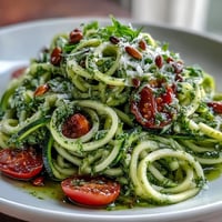 Vibrant zucchini noodles twirled in fresh basil pesto with cherry tomatoes, a colorful and healthy vegetarian dish perfect for summer meals.