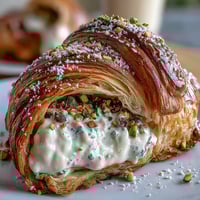 Flaky croissant filled with rich, sweet pistachio cream and topped with crunchy pistachios, baked to golden perfection.