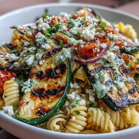 Vibrant pasta salad with grilled zucchini, corn, and salty Cotija.